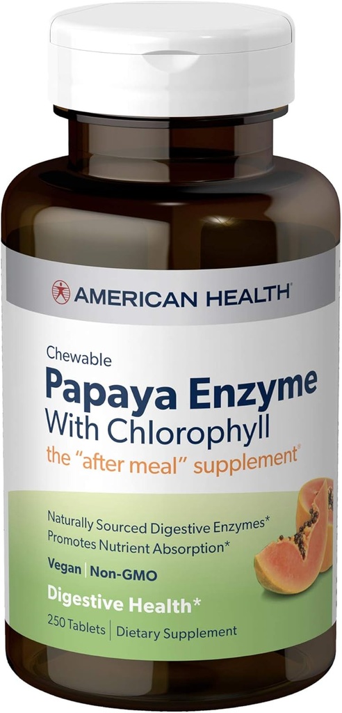 American Health Papaya Enzyme Chewable Tablets - Promotes Nutrient Absorption, helps Digestion and Freshens Breath with Chlorophyll " Pepermint Oil - Gluten-Free, Vegetarian - 250 count