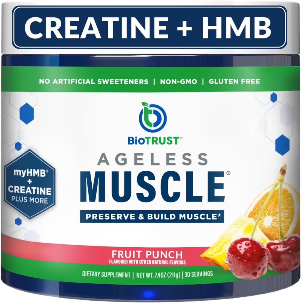 BioTrust Ageless Muscle Builder - Creatine HMB Powder with Vitamin D3 & Betaine - Build & Preserve Přirozeně snižující svalové hmoty a síly - Ovocný punč, 30 Služeb