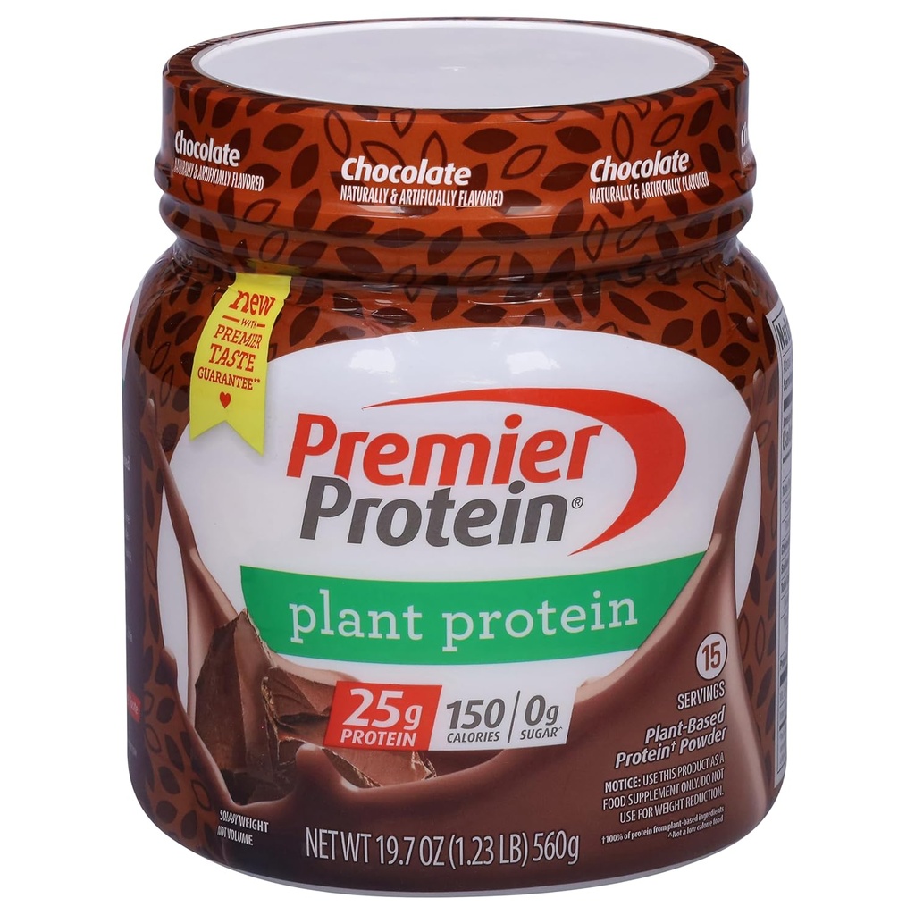 Proteínas Premier Protein Powder Protein, Chocolate, 25g Proteína Baseada em Plantas, 0g Açúcar, Sem Glúten, Sem Soja ou Ingredientes Lácteos, 15 Servimentos