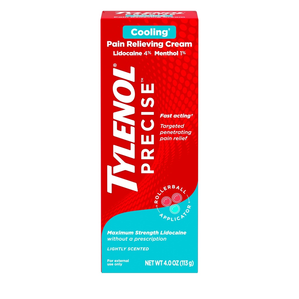 Tylenol Precise Cream, Cooling Sensation Pain Relief, Roll‑On, Lidocaine 4%, Menthol 1%, Targeted Maximum OTC Strength Combination for Back, Muscle and Joint, Numbing Cream Rollerball Applicator, 4 oz