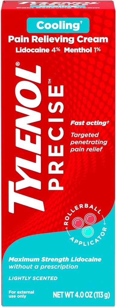 Tylenol Precise Soğutma Numbing Cream, Maksimum Güç 4% Lidoka ve% 1 Menthol Topical Analgesic, Pain Relief Cream for Back, Muscle & Common, Rollerball Applicator, Fast-Acting, Light Scent, 4 ozzz