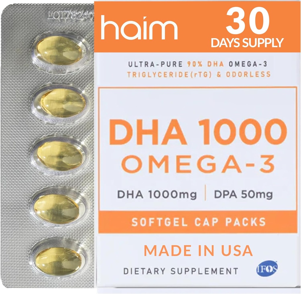 HAIM DHA 1000 Omega-3 Fish Oil - 90% Puhtaus 1000 mg DHA, 50mg DPA - High Potency Fish Oil Supplement Brain, Eye & Heart Support - edistää yleistä hyvinvointia & Focus - 1 Box, 60 Softgels