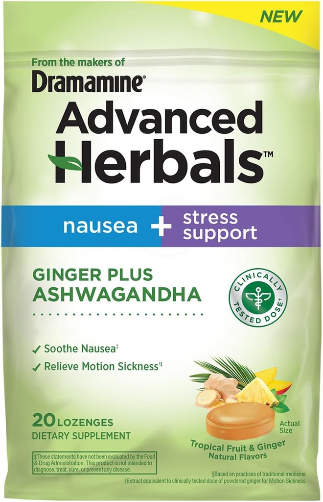 Des del fabricant de Dramine, Avançat Hebals Ginger & Ashwagandha Lozenges, per a la implementació de l'ajuda de l'ajuda de Nausasa i els Stresical Frut i Ginger Flavor, 20 comte