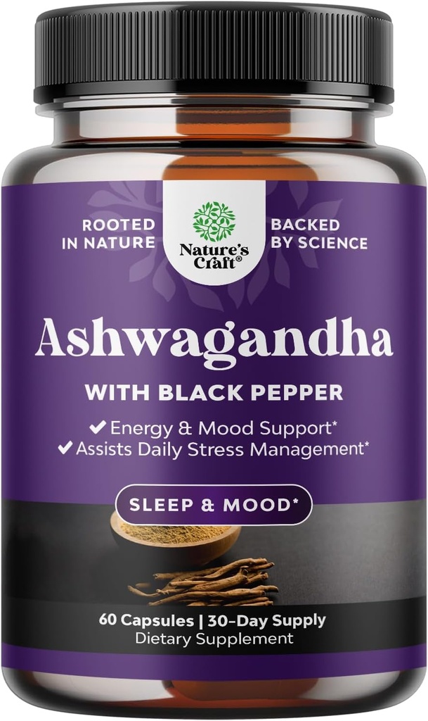 Organic Ashwagandha Root Powder 60 Capsules - Ashwagandha with Black Pepper Extract Powder Supplements for Relax, Sleep & Immune Support for Women & Men - Organic Whitania Somnifera Root Supplements