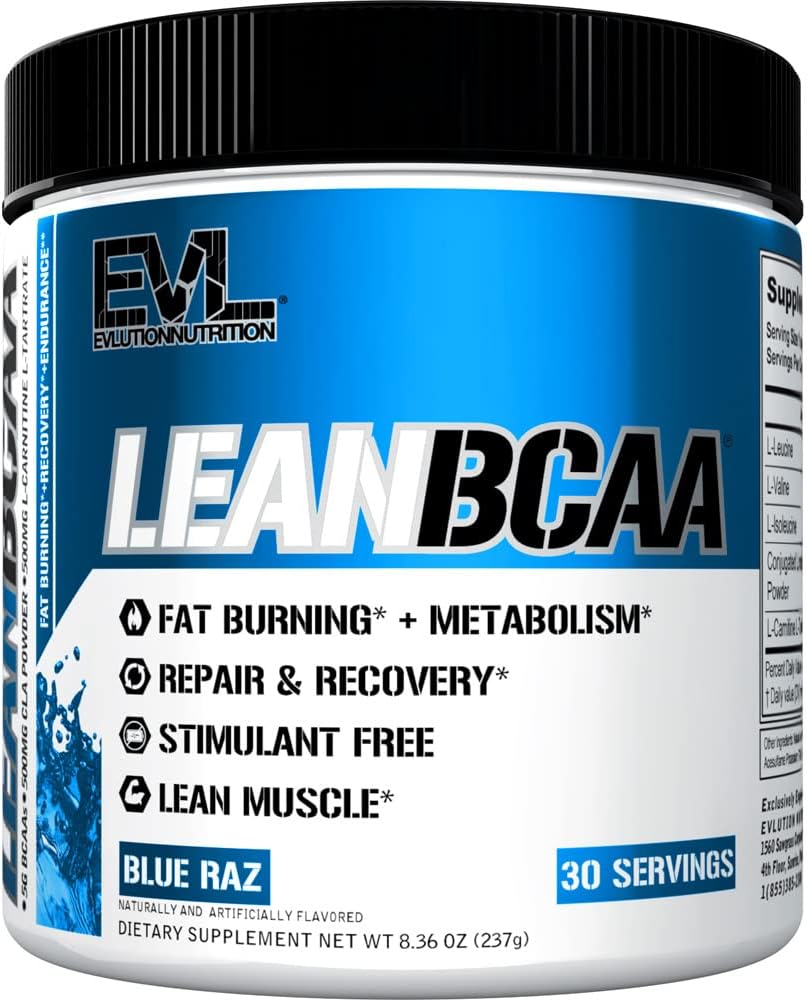 Evlution Stimulant Free Lean BCAA Powder Nutrition BCAAs Amino Acids Powder med CLA Carnitine och 2:1:1 Branched Chain Amino Acids stöder Muscle Recovery Fat Burn och Metabolism - Blue Raz
