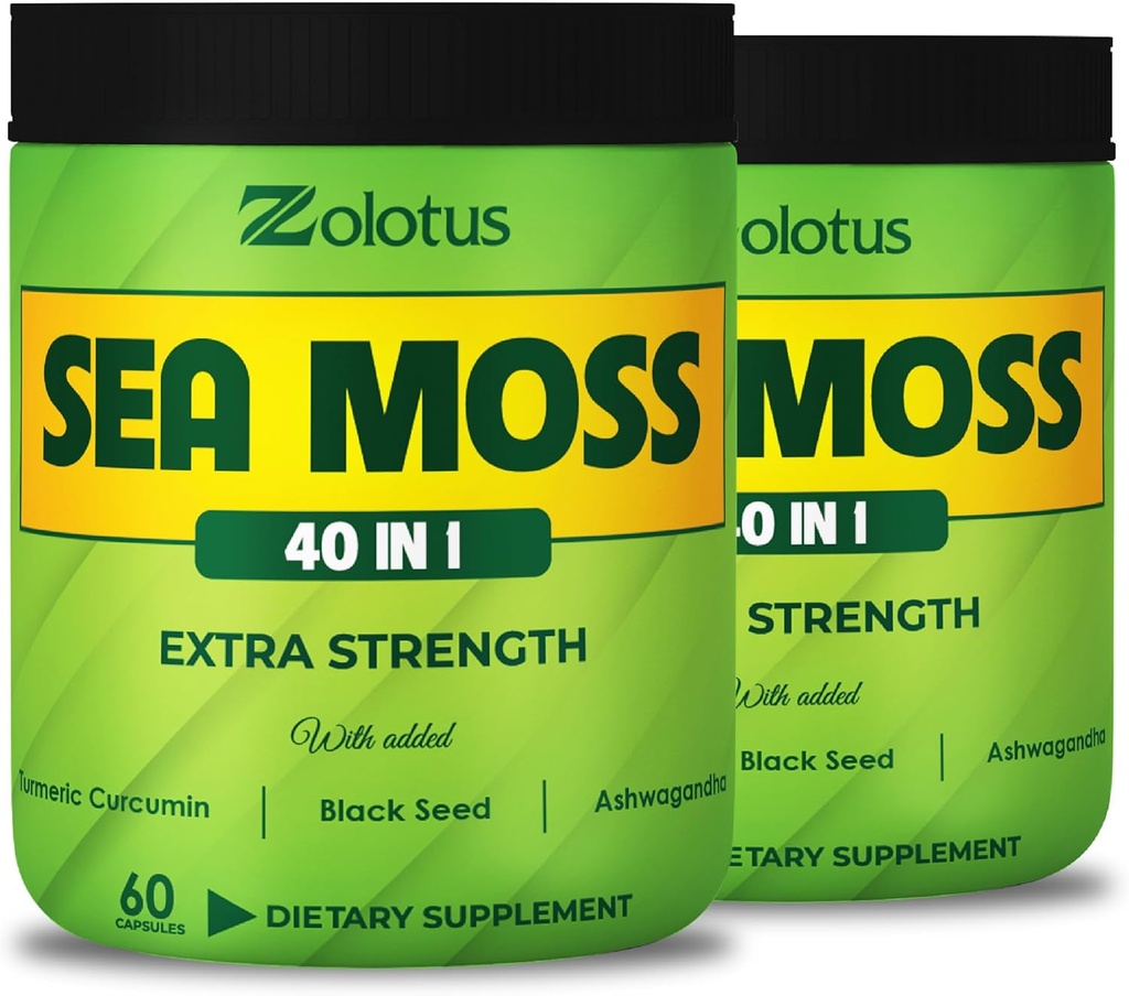 Zolotus (2 Embalagens 60 Cápsulas Sea Moss Suplemento 40 em 1, com Curcumina Turmérica, Ashwagandha Root, Bladderwrack para Sistema Imune, Equilíbrio Corporal e Saúde do Coração