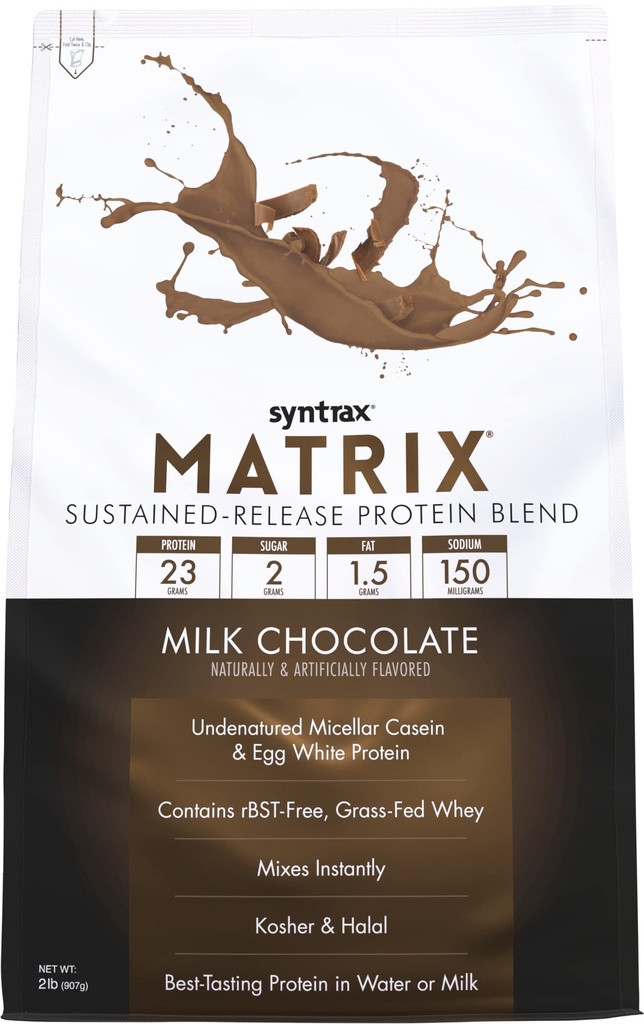 Syntrax Matrix Sustained-Release Protein Blend with Grass-Fed Whey, Micellar Casein & Egg White Protein, Milk Chocolate, 2 lbs | Whey Protein, Micellar Casein, Egg Albumin