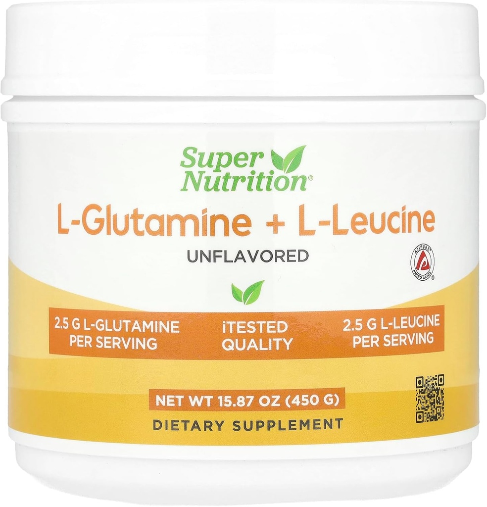Super Nutrition L-glutamīns + L-leicīns, neflavorēts, 15,87 oz (450 g)
