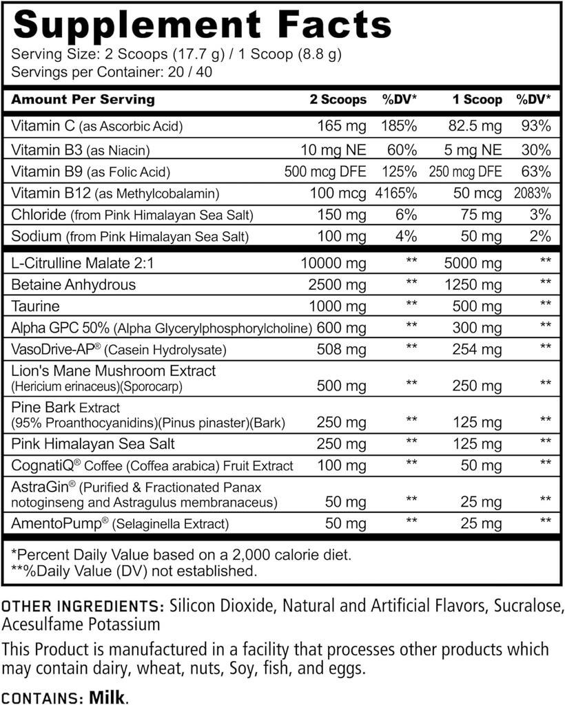 Underground Bio Labs Panda Supps Pump, Pre-Workout, Non-Clump Formula w/10G L-Citrulline Malate, Alpha GPC, Lions Mane, CognatiQTM, VasoDrive-AP® 40 Scoops (BlackBerry Lime)