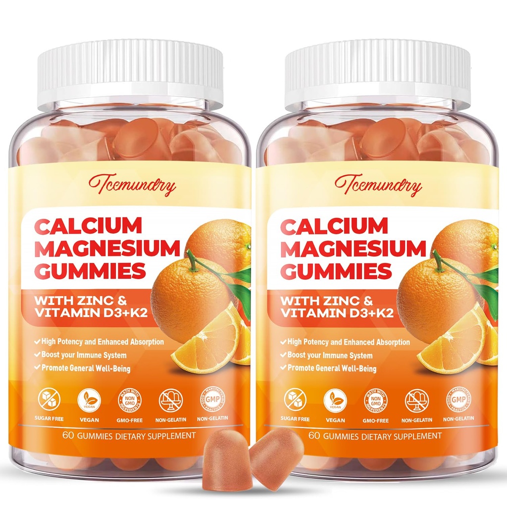 Calcium Magnesium Zinc Gummies with Vitamin D3 & K2 - High Absorption Magnesium Glycinate 400mg - Sugar Free Calcium Supplement - Support Nerve Muscle Mood & Immunity - for Adults Men Women Kids