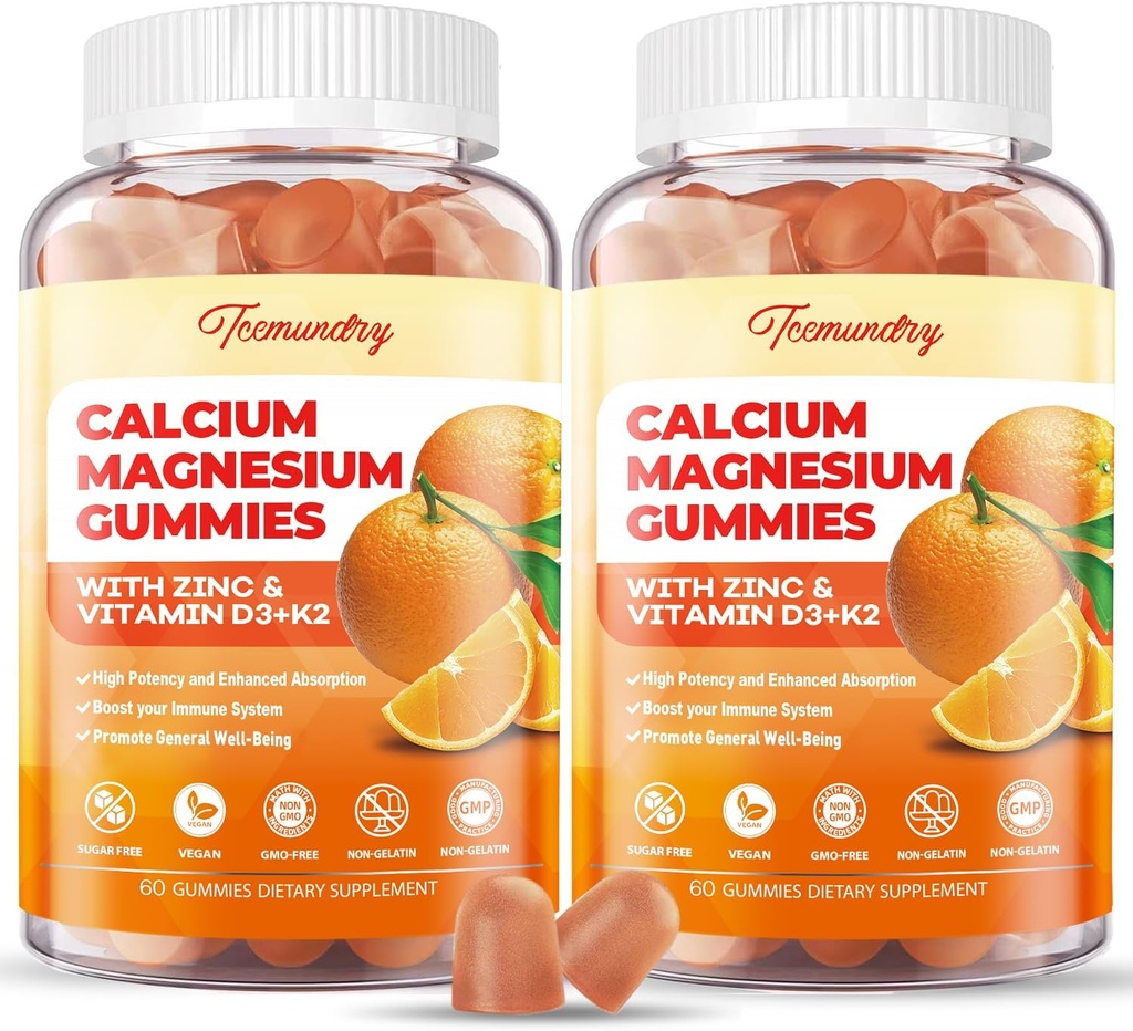 Kalcium Magnézium Zinok Gumies s vitamínom D3 & K2 - Vysoká absorpcia Magnéziumglycinát 400 mg - Supplement bez cukru - Podpora Nervová svalová nálada a imunita - pre dospelých Muži Ženy Deti