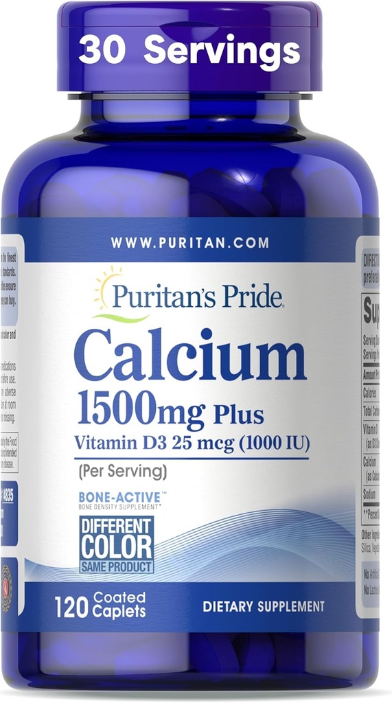 Puritan's Pride Absorbable Calcium 1500 mg Plus D3-vitamiini 25 mcg 1000 IU, Luunvahvuuden, sydämen, hermojen, lihasten ja immuunisupportin ravintolisä, 120 päällystettyä Kapselit