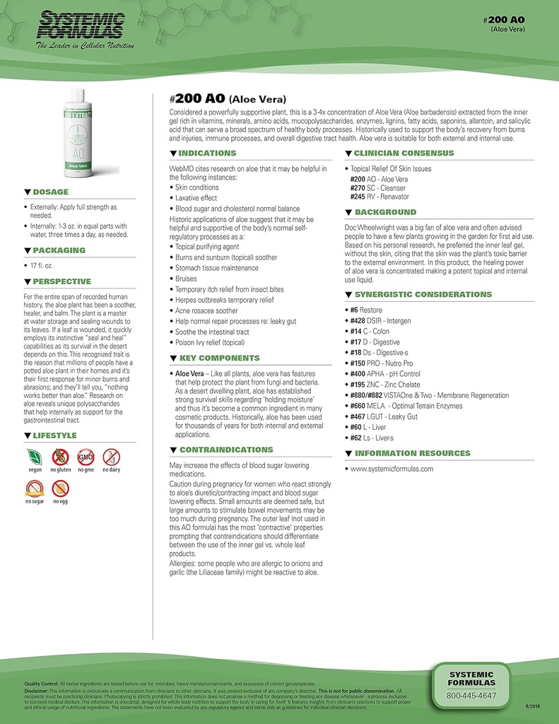Formulare sistemice Aloe Vera #200-16 oz Premium Grad pentru Digestive Health and Wellness - Pure Aloe Vera Extract
