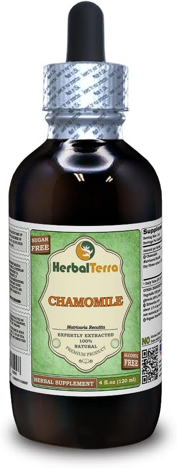 Chamomile (Matricaria Recutita) Glycerite, Organic Dried Flowers Alcohol-Free Liquid Extract (Brand Name: HerbalTerra, Proudly Made in USA) 4 fl.oz (120 ml)