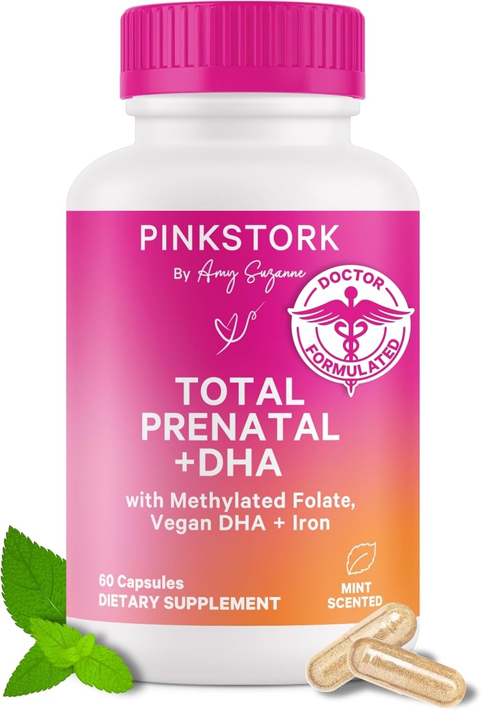 Pink Bocian Total Witaminy prenatalne z DHA, Folate, Żelazo, Cholina i Witamina B12 - Przewidywanie Żywienie - Prenatals dla kobiet, Essentials ciążowe - Mint Essence, 60 Kapsułki, 1 Miesiąc dostaw