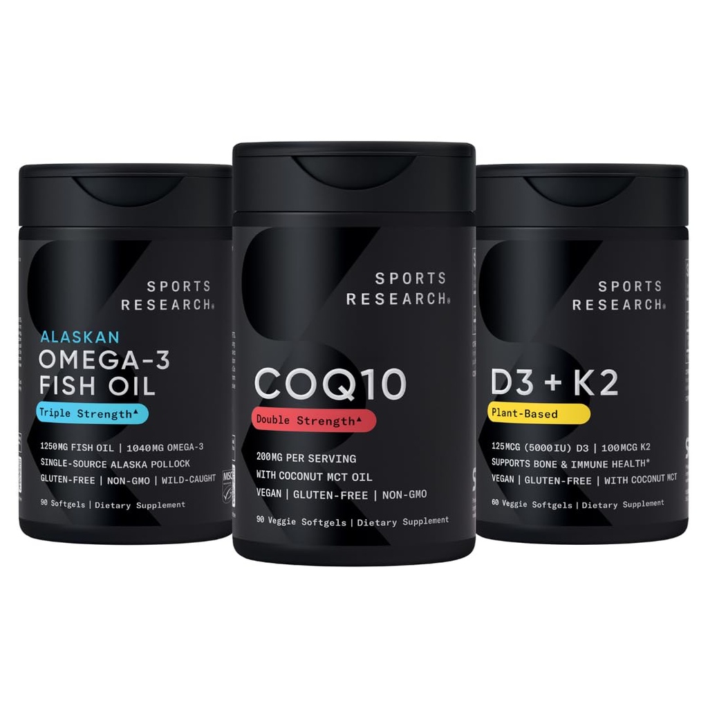 Sports Research® Body Wellness Pack - Wild Alaskan Pollock Omega-3 Fish Oil 1250mg, 200mg CoQ10 Enhanced w/Coconut MCT Oil & Vegan 5000IU Vitamin D + 100mcg Mk7 Vitamin K2