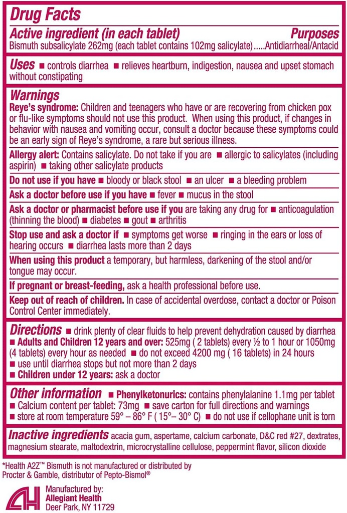 HealthA2Z ® Bismuth n. v. 124; Bismuth Subsalicylate 262mg n. v.; Multi- symptom Relief; 124; (24 pakninger (288 tabletter))