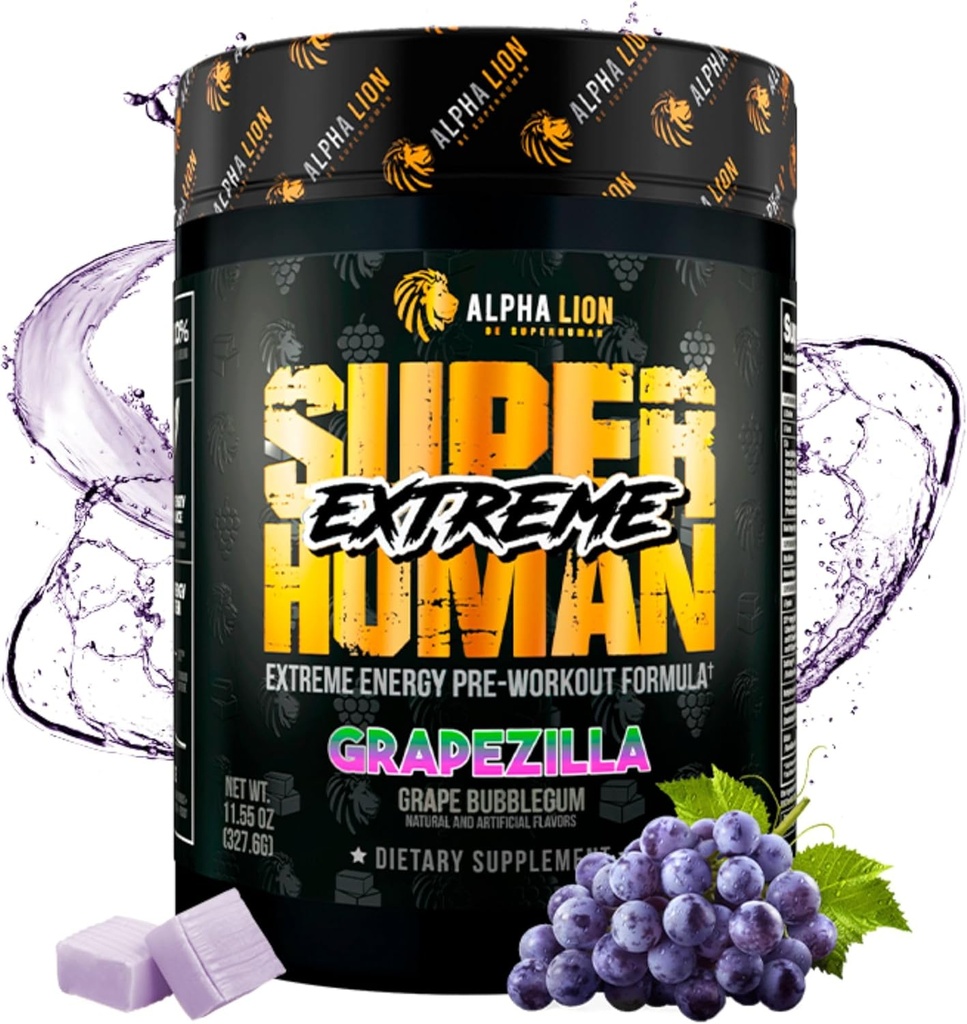 ALPHA LION Superhuman Extreme High Stim Pre Workout Powder, Beta Alanine, L-Taurine & 356mg Tri-Source Kofeiin Jätkusuutliku Energia, Lämmastikoksiidi Ja Tsitrulliini Pump (21 Servings, Viinamarjamaitse)