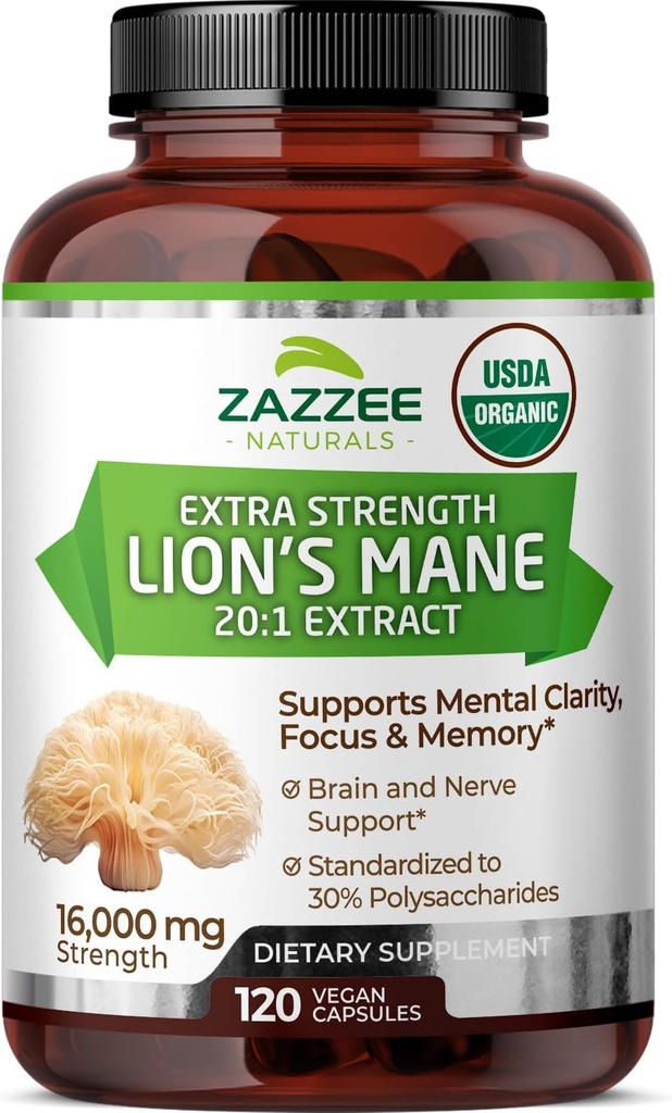 Zazzee USDA Organic Lion's Mane 20:1 Extract, 30% Polysaccharides, 16,000 mg Strength, 120 Vegan Capsules, Nootropic for Brain Health, Focus, Memory, Concentration and Immune Support, Made in The USA