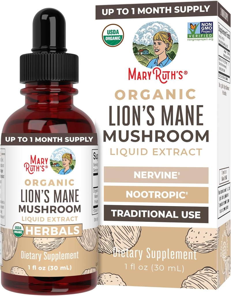MaryRuth Organics Lions Mane Mushroom supplement, up to 1 Month Supply, Nootropic USDA Organic Lions Mane Extract Nervine Herbal Liquid drops, Brain Health Non-GMO Vegan Alcohol Free Tincture, 1 Fl Oz