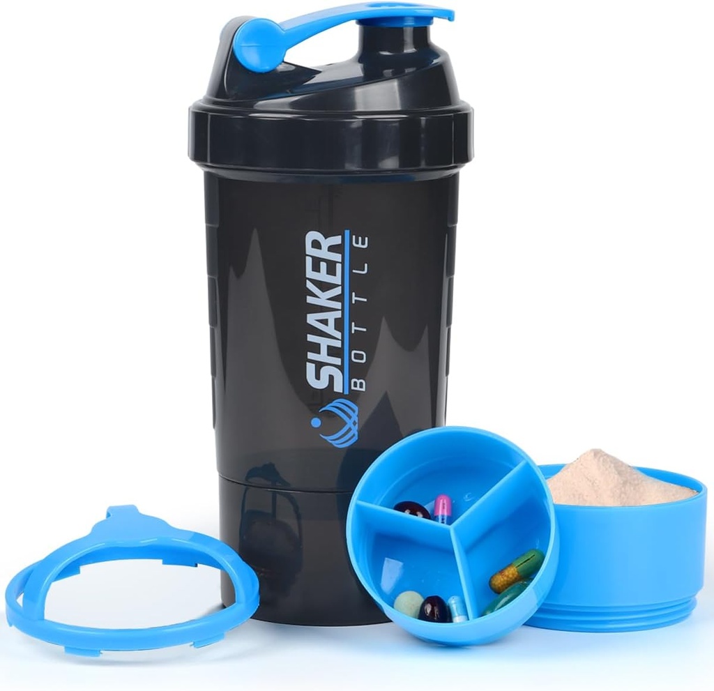 Protein Shaker Bottle - Sports Water Bottle - Non Slip 3 Layer Twist Off 3oz Cups with Pill Tray - Leak Proof Shake Bottle Mixer- Protein Powder 22 oz Shake Cup with Storage
