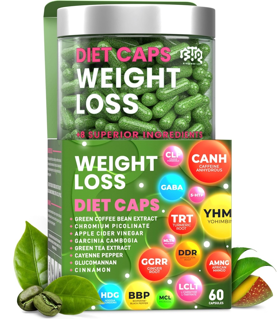 BIOTEQUELAB Weight Loss Diet Capsules, Natural Appetite Suppressant, Day & Night Fat Burner for Women & Men with Apple Cider, Green Coffee Bean Extract, Metabolism Booster Supplement - 60 Pills