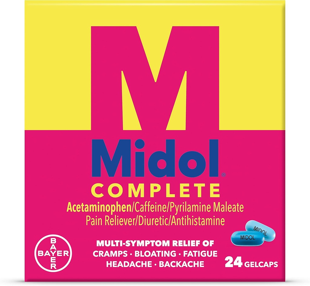 Midol Complete Gelcaps 24ct: trung tâm cứu trợ cơn đau kinh nguyệt toàn diện với Acetaminophen cho triệu chứng Menasatal, PMS cứu trợ và chu kỳ cứu trợ - 24 bá tước (Packing May Vary)