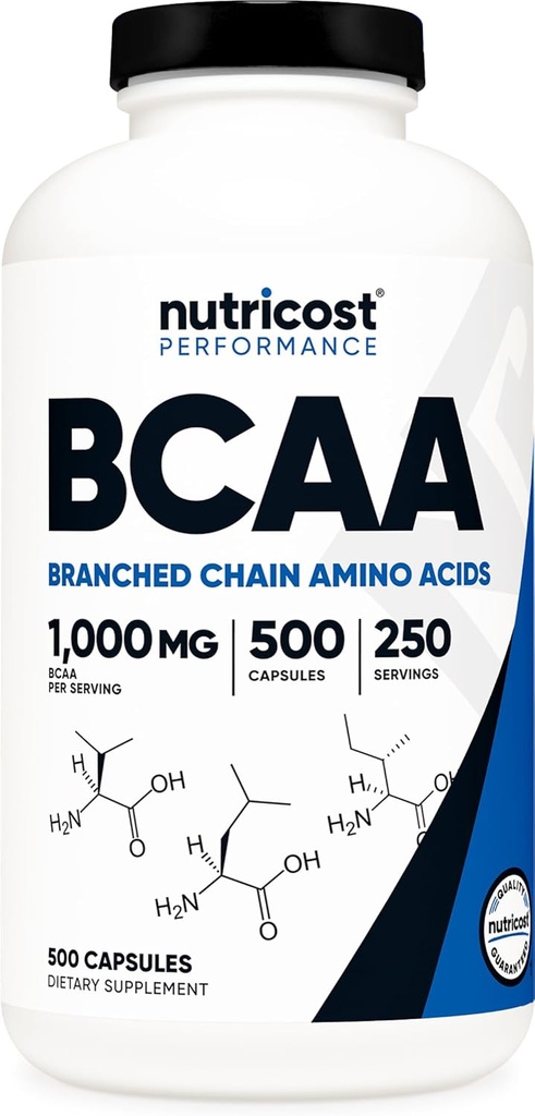 Nutricost BCAA 1000мг, 500 капсули (250 Сер), 2:1:1 Відділення ланцюга амінокислот (500мг L-Leucine, 250мг L-Isoleucine і L-Valine)
