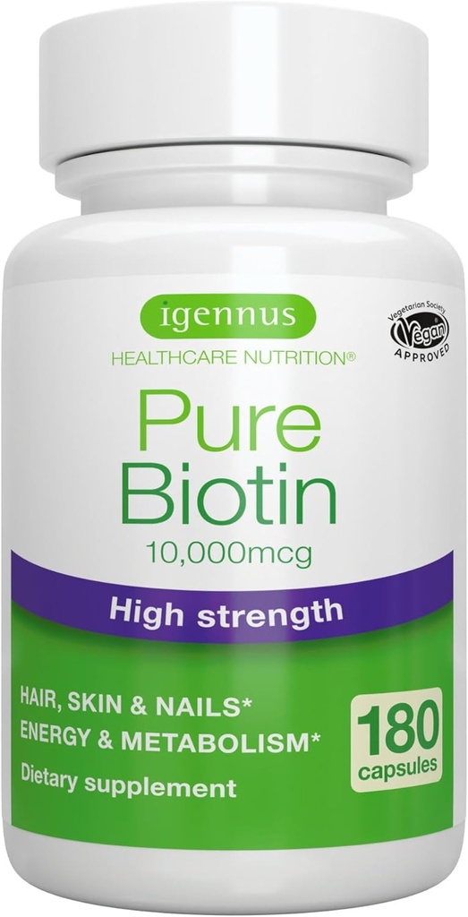 Igennus Clean Biotin 10.000mcg, Alta Potencia Vitamina B7, Lab Verificado, Vegan, 1-a-Day, Pequeno Doado de Suave, Non Despois do Gusto ou do Cheiro, Hipoalergénica