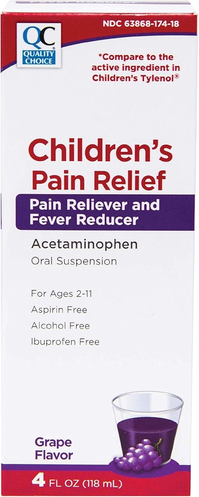 Kvalitetsval Barns Smärta Relief & Fever Reducer för barn, 4fl oz Acetaminophen 160mg per 5ml, Ibuprofen & Aspirin Free, Liquid Cold och Flu Medicine för barn, regelbunden styrka OTC Medication