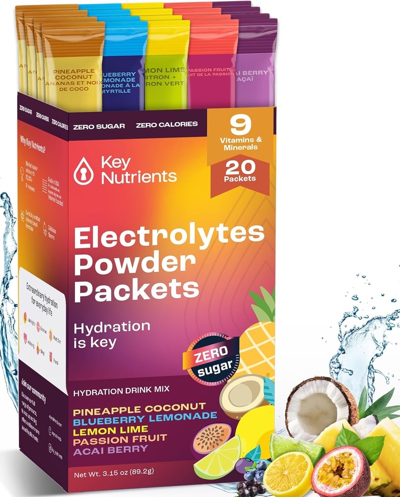 KEY NUTRIENTS Electrolytes pulverpakker Ingen sukker - 5 Delicious Flavors i Hydration Packets 20 Pack - Ingen kalorier, Glutenfri Electrolytes pulverpakker, Ikke GMO, laget i USA