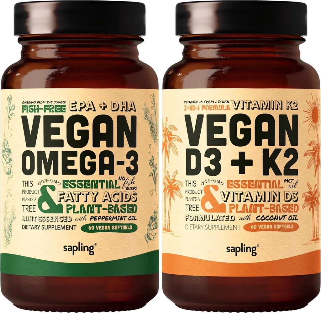Vegan Omega 3 & Vegan Vitamin D3 + K2 Supplement Bundle - Plant-Based DHA & EPA Fatty Acids, 4000 IU Vitamin D3 and 100mcg Vitamin K2 as Mk7