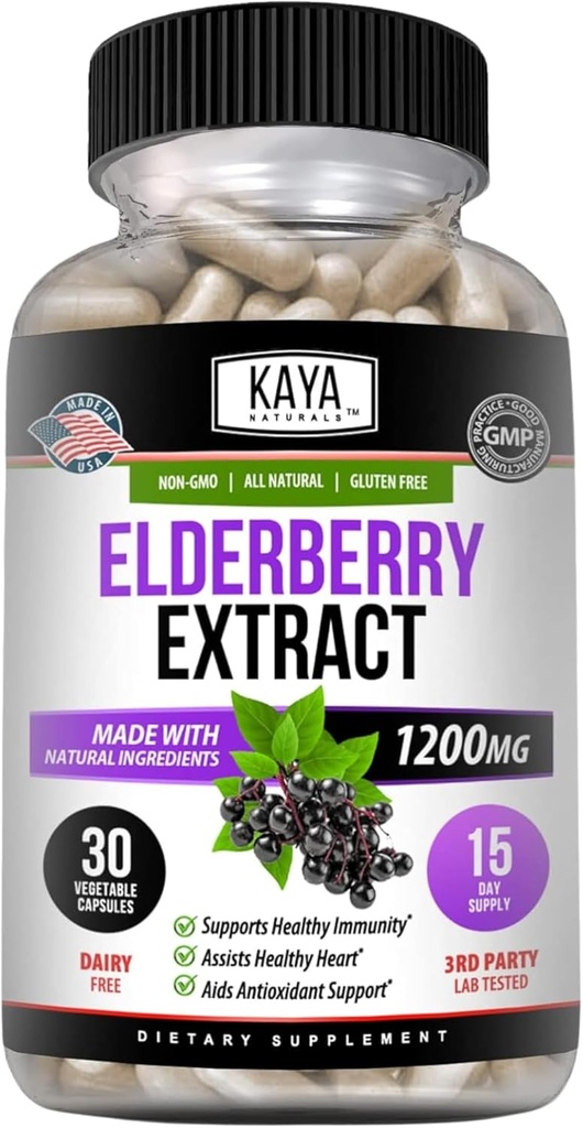 Kaya Naturals Elderberry Immune Support - екстракт Elderberry, багатий антиоксидант Преміум вітаміни, 1200mg Immune System Booster Sambucus Capsules - 30 графічний