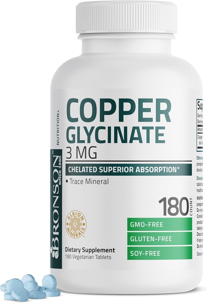 Bronson Copper Glycinate 3 mg Kelate Superior Imendumine Mitte-GMO, 180 Taimetoitlane tablett