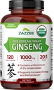 Zazzee USDA Organic Red Korean Panax Ginseng 20:1 Extracto, 1000 mg, 5% Ginsenosides, 120 cápsulas Vegan, Standardizado y concentrado 20X Extracto de raíz, 100% vegetariano, todo natural, hecho en los EE.UU.