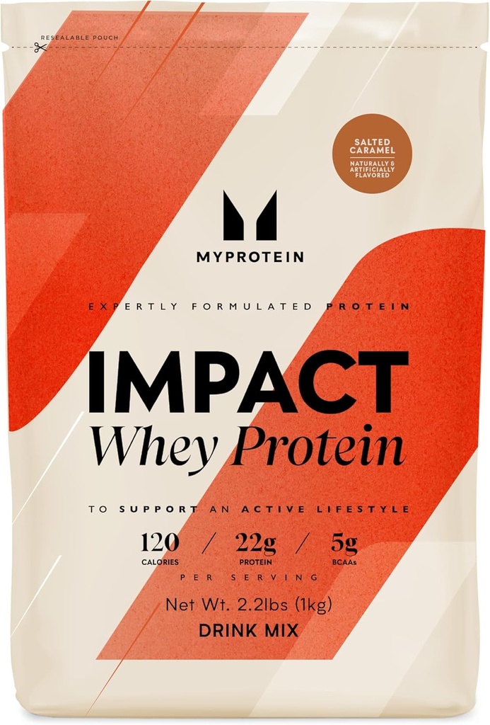 Myprotein Impact Whey Protein Powder, 2.2 Lbs (31 Serveringer) Saltet karamell, 22g Protein & 5g BCAA Per Serving, Protein Shake for overlegen ytelse, muskel styrke og gjenoppretting, Glutenfri