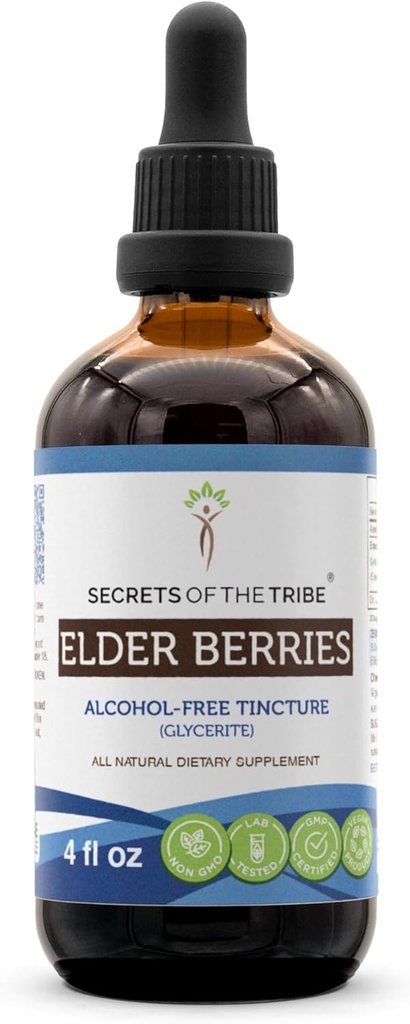 Secrets of the Tribe Elder Berries Alcohol-Free Tincture (Glycerite) 678 mg Elder Berries (Sambucus Nigra) Dried Berry (4 Fl Oz) Immune Support Supplement