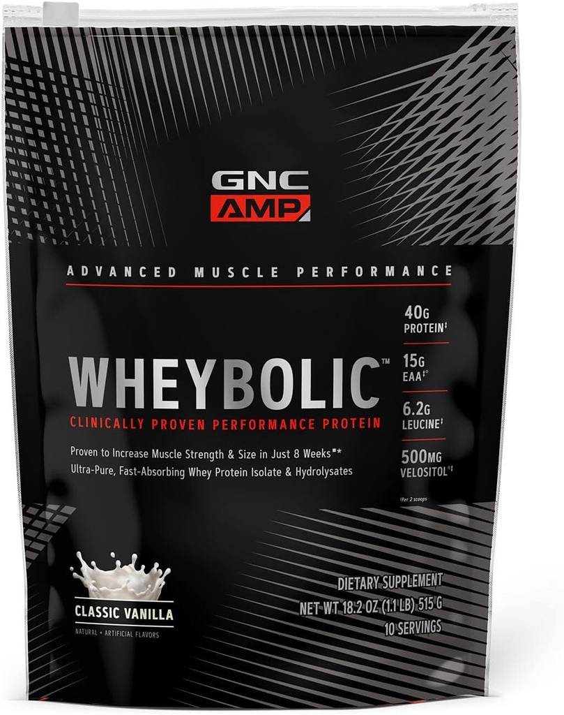 GNC AMP Wheybolic 临床检测蛋白粉,40gWhey蛋白,BCAA,Leucine, 增强肌肉力量,肌肉大厦, 3党测试, Gluten Free, Classic Vanilla, 10军