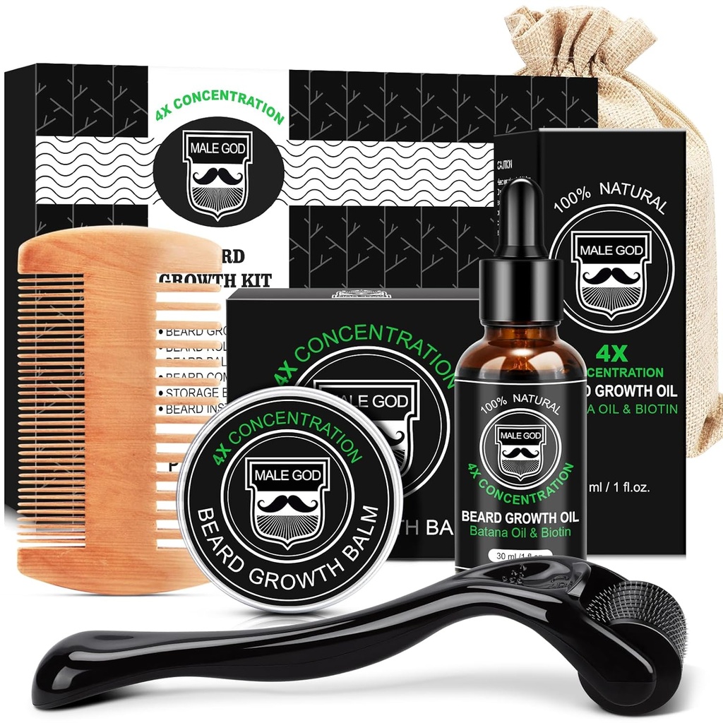 Beard Growth Kit, Beard Kit W/Bard Growth Oil, Beard Balm, Beard Comb, Масаджър за Spot/Patchy Beard, Коледни подаръци за мъже Негов приятел съпруг