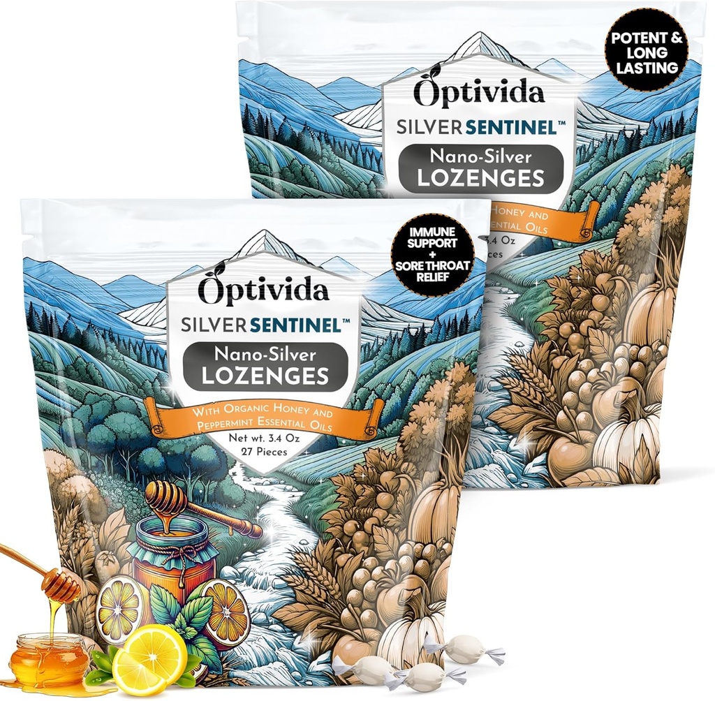 Optivida Health Colloidal Silver Lozenges with Honey & Lemon Oil (2 Pack) - Soothing Sore Throat Lozenges for Adults with Cough Relief & Fast-Acting Nano Formula for Immune Support, 60 Ppm