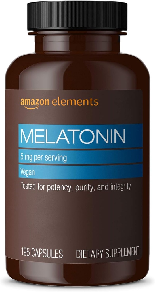 Elements - Melatonin 5mg Capsules, helps with occasional sleeplessness, Vegan, Unflavored, 195 count (Pack of 1), 6 month supply (Pack may vary)