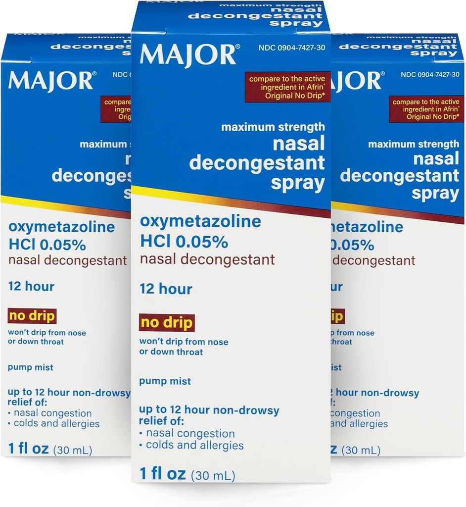 MAJOR Maksimum Güçlü Nasal Decongestant Sprey, Oxymetazoline HCl 0.05% Pump Mist, Non-Drowsy Nasal Mix, Nasal Congestion, Colds ve Allergies 1 Fl.
