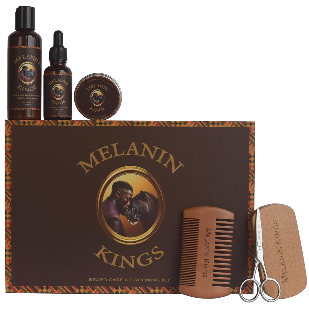 Melanin Kings Beard Grooming Kit for Men - Formulas With Ancient African Natural Ingredients - 124; Beard Wash, Oil, Balm, Brush, Comb