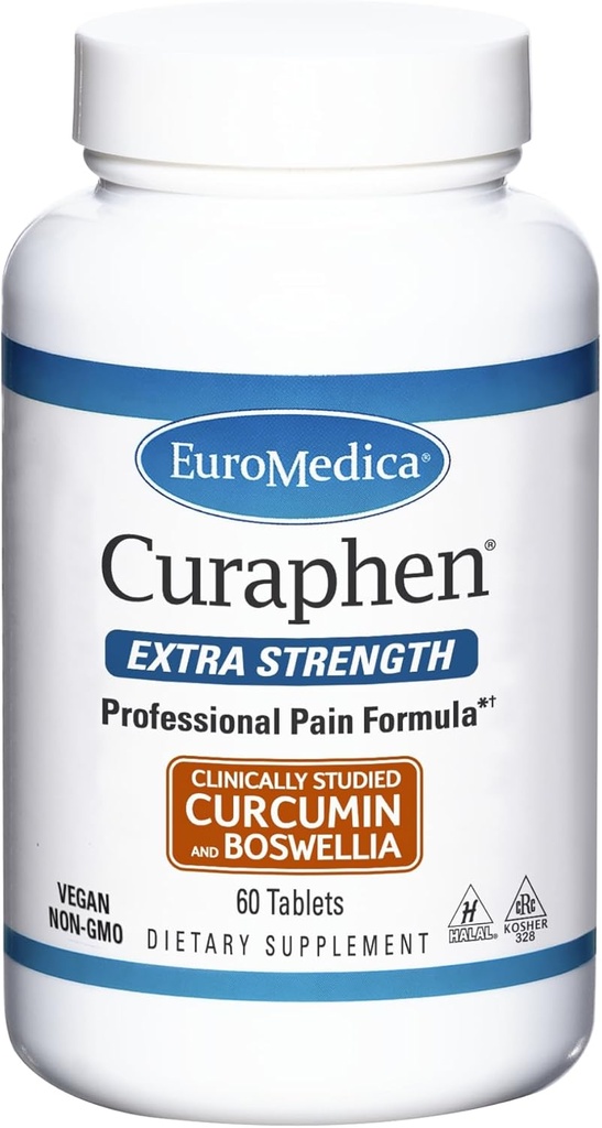 EuroMedica Curaphen Extra Strength - 60 Tablets - Professional Formula - Potent Curcumin & Boswellia with DLPA & Nattokinase - Highly Absorbable - 60 Servings