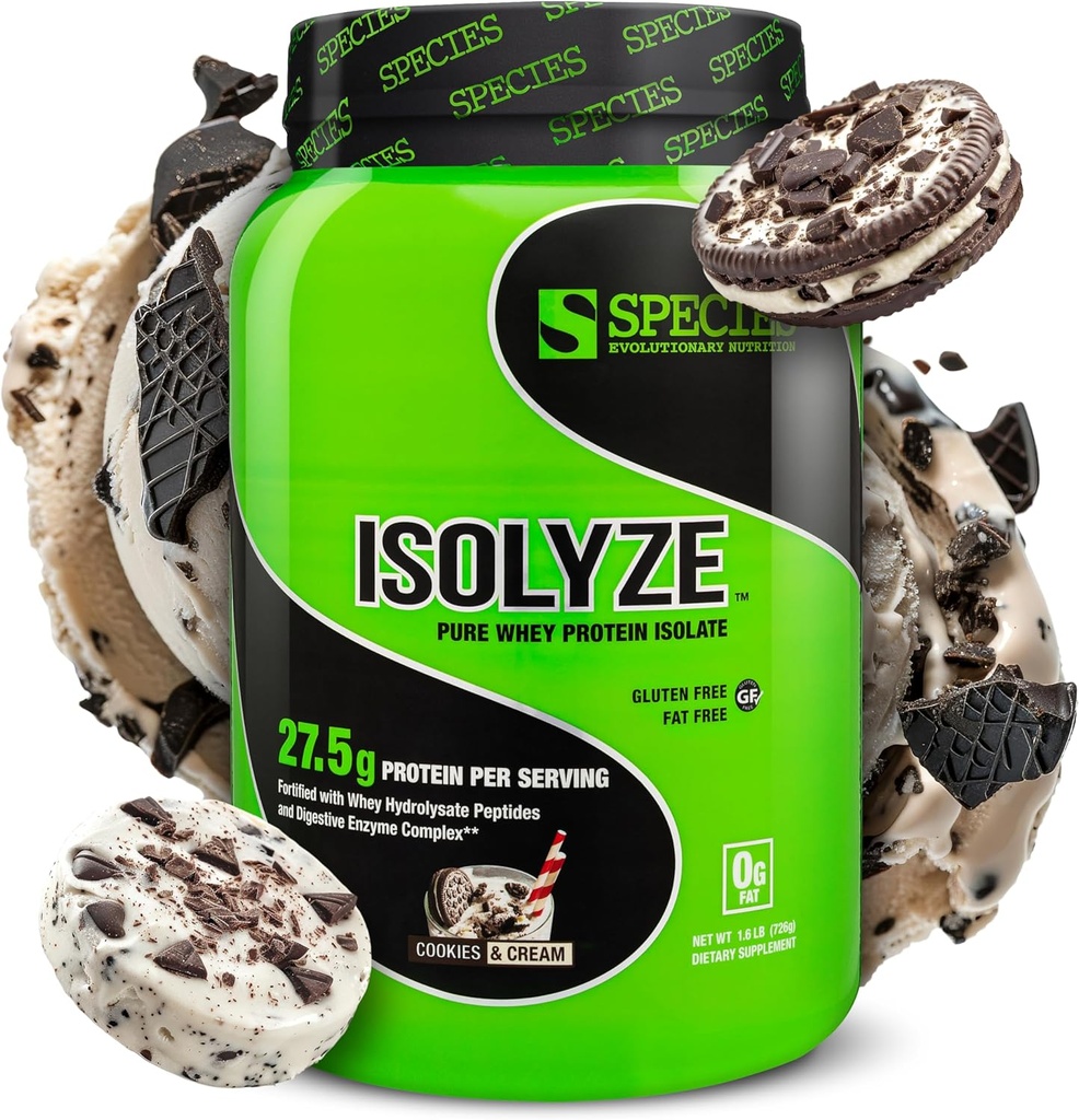 Spezies Nutrition Isolyze Whey Protein Powder, 100% Whey Isolate für Muskelaufbau, 27,5g Protein pro Scoop, kein Zucker & Low Fat (Cookies & Cream, 22 Servierungen)