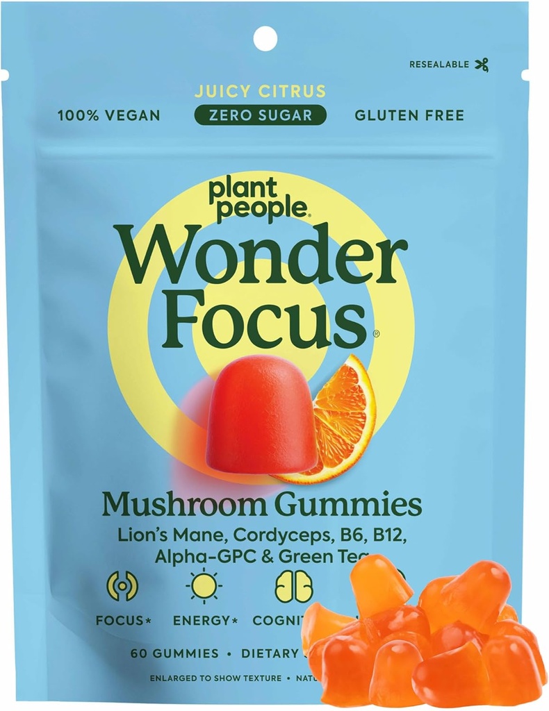Plant People WonderFocus Gummees with Lion 's Mane & Cordyceps - Nootropic Brain Supplement Boosts Memory, Focus, Energy & Mood in Wasted 124; No Sugar, 100% Vegan, Citrus Flavor, 60 Count