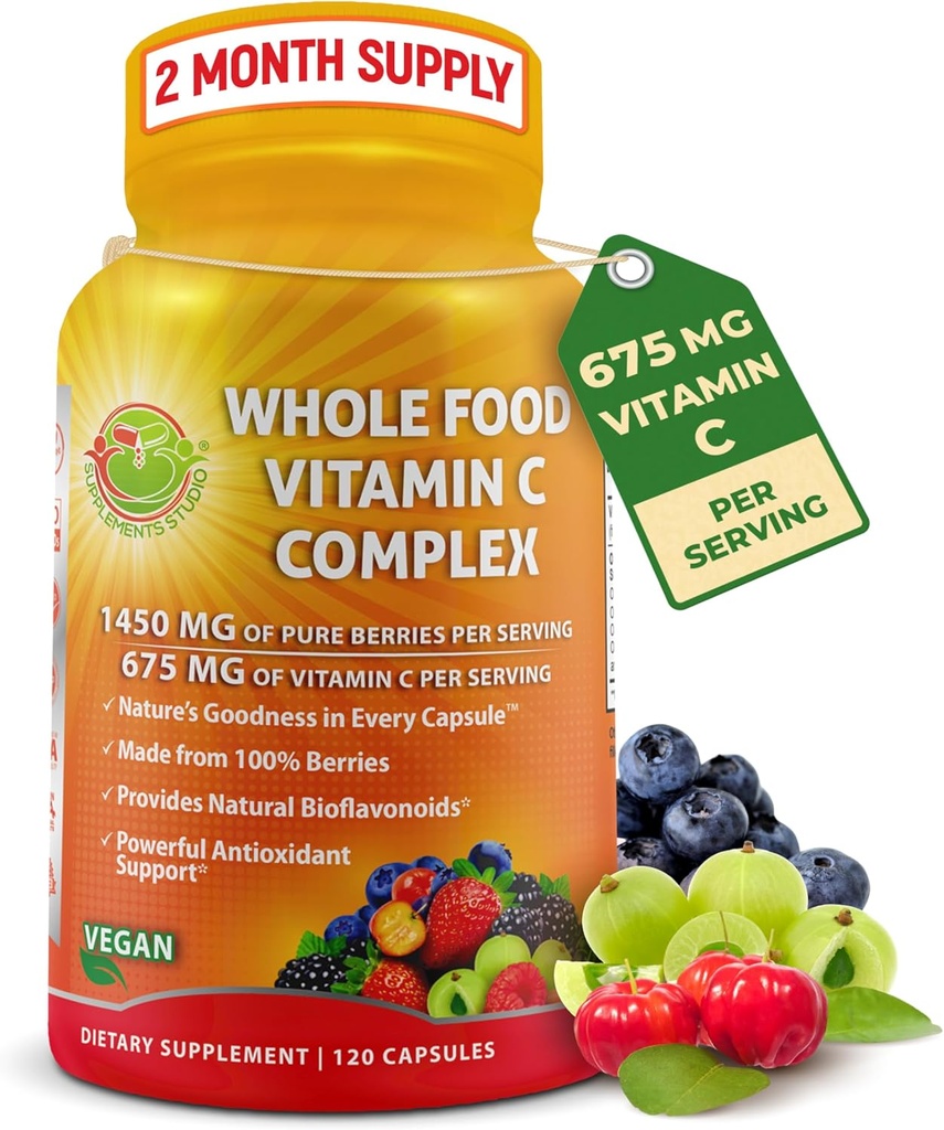Complexul total de vitamine alimentare C - 1450 mg Berries organice - 675 mg vitamina C per Serving, Antioxidant de înaltă calitate și suport imun cu Acerola, Amla și Bioflavonoizi naturali - Vegan, Non-GMO, 120 Conte