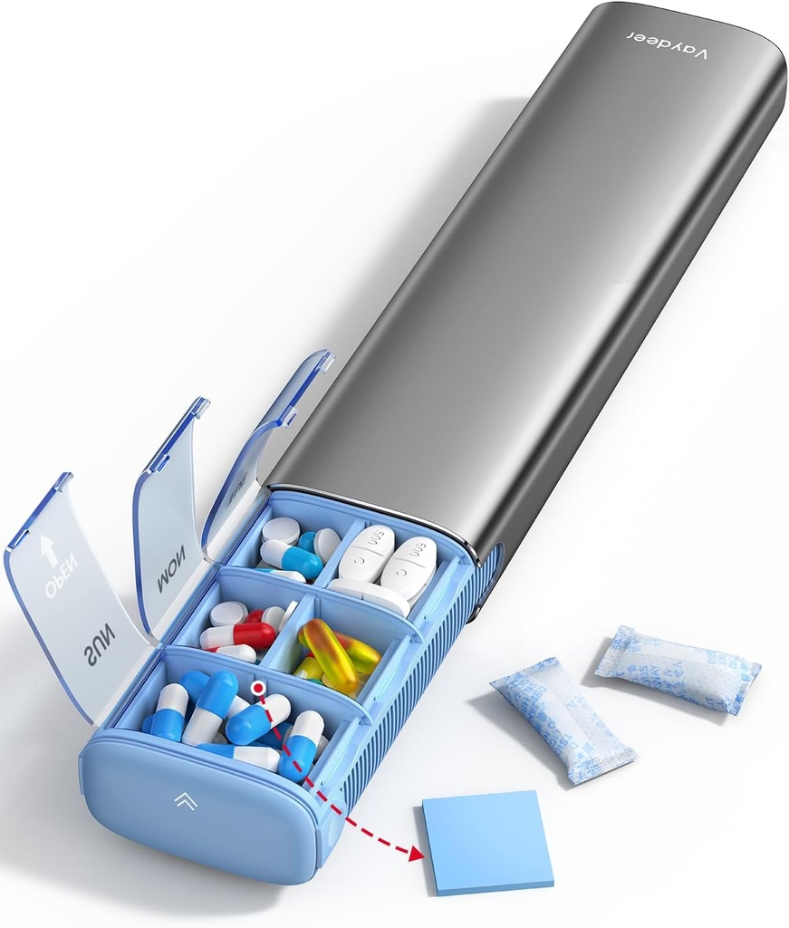 Vaydeer 7 Day Weekly Pill Organizer (Support 2 Times a Day), Metal Travel Pill Case, Large Capacity Daily Cute Pill Box för tillägg, piller, vitaminer och medicinering (Gray)