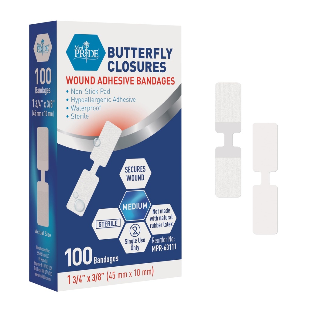 MED PRIDE Butterfly Wound Closure Strips,Sterile,Nonstick,Medium,100-Count