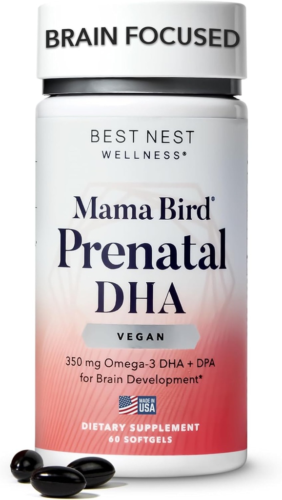 Melhor Nest Wellness Mama Bird Vegan Pré-natal DHA - Cérebro e Eye Support Suplemento para Bebê - Vegan Prenatal Suplemento com Algae DHA - Suplemento Nutricional para Mãe - 60 Softgels